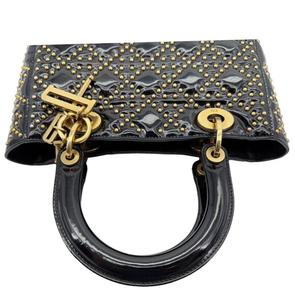 Christian Dior Lady Dior Medium Studded Cannage Patent Leather Crossbody Black - Picture 4 of 11